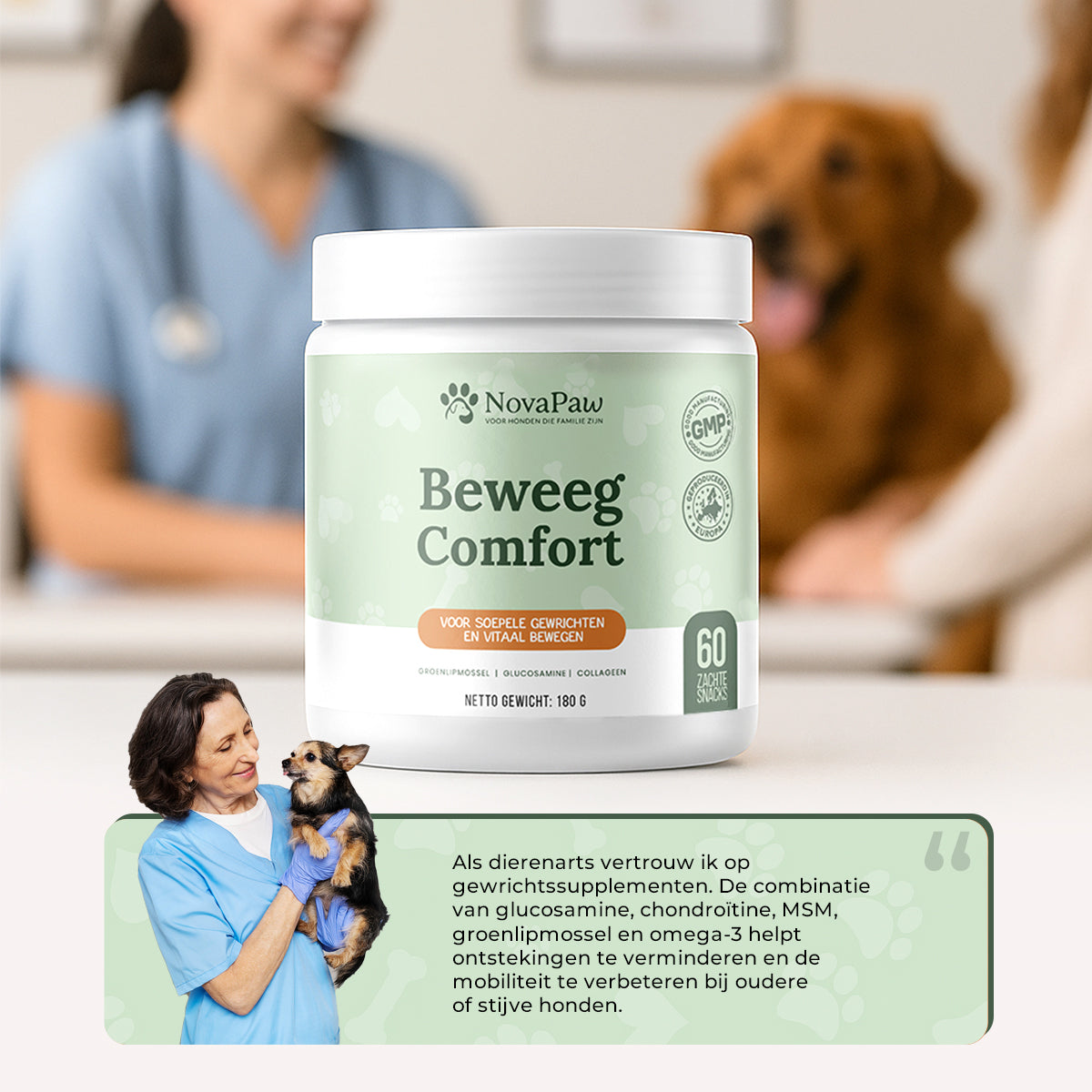 Dierenarts met hond en testimonial bij NovaPaw Beweeg Comfort pot – supplement aanbevolen voor soepele gewrichten en verminderde ontsteking.