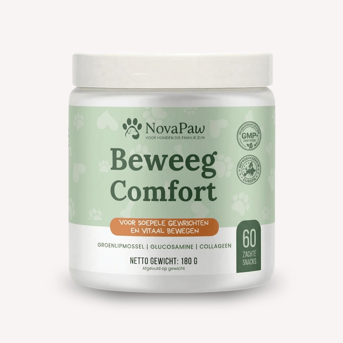 NovaPaw Beweeg Comfort pot met 60 zachte snacks voor soepele gewrichten, met groenlipmossel en glucosamine