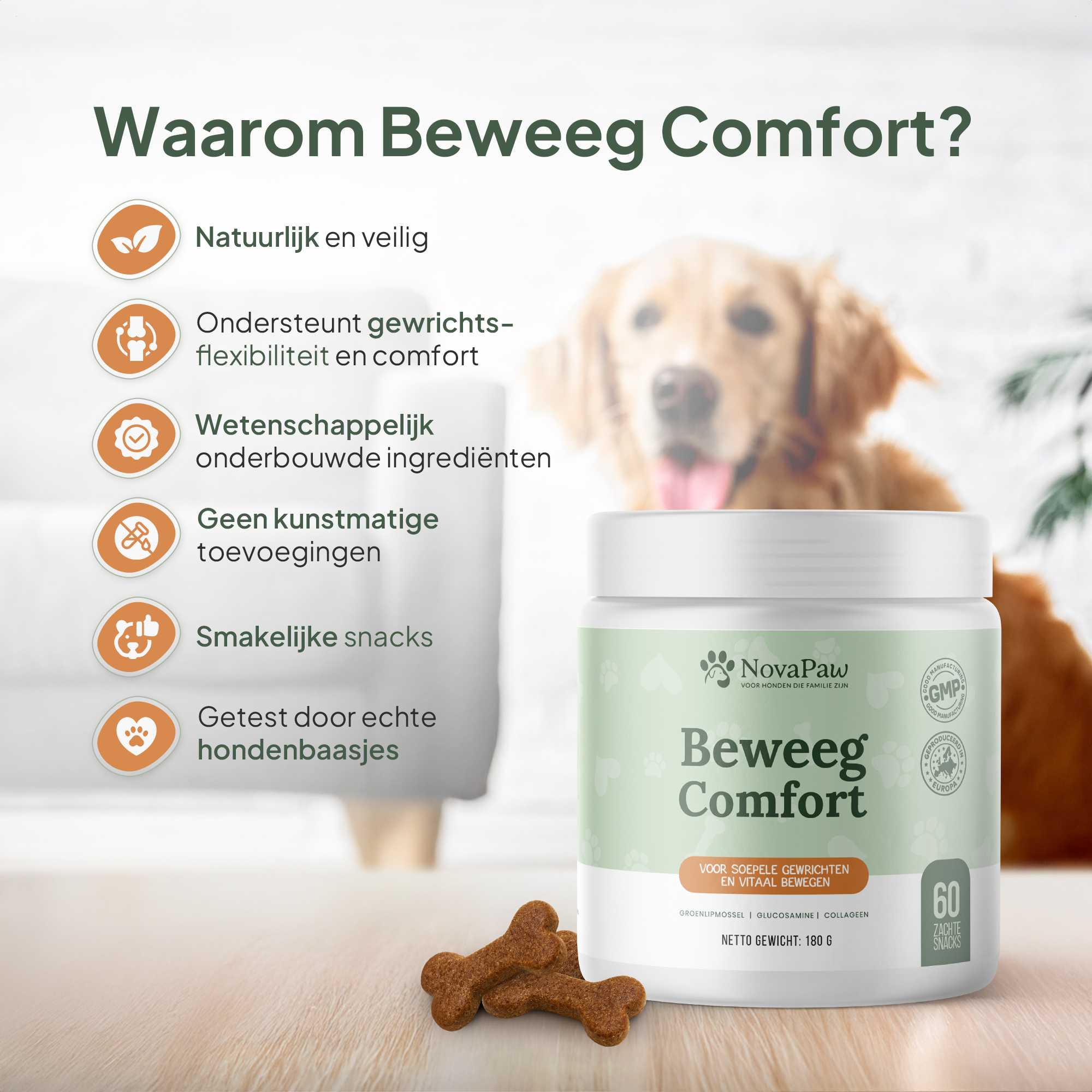 Voordelen van NovaPaw Beweeg Comfort hondensupplement – natuurlijk, smakelijk en wetenschappelijk onderbouwd product voor soepele gewrichten.