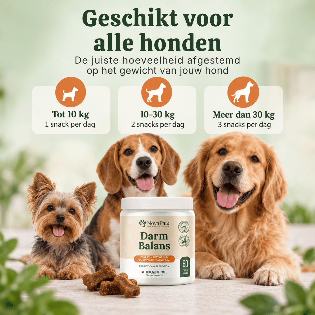 Yorkshire terriër, beagle en golden retriever bij NovaPaw Darm Balans met dosering per gewicht: 1 tot 3 snacks