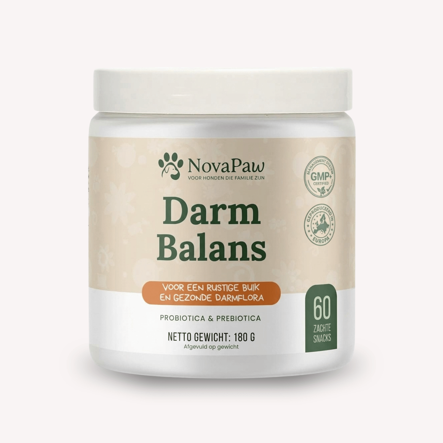 NovaPaw Darm Balans pot met 60 zachte snacks met probiotica en prebiotica voor een gezonde darmflora bij honden