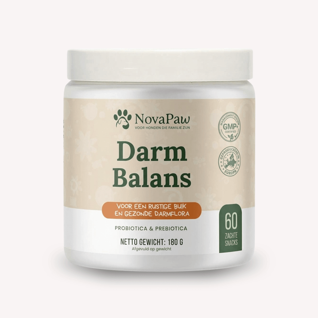 NovaPaw Darm Balans pot met 60 zachte snacks met probiotica en prebiotica voor een gezonde darmflora bij honden