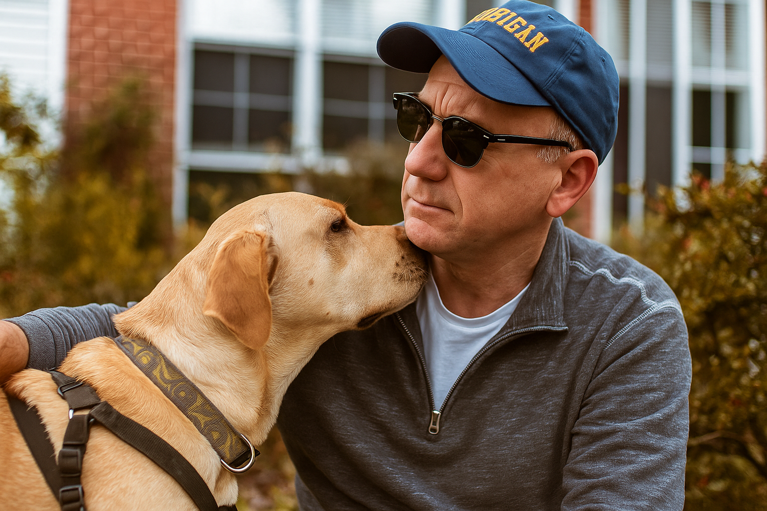 Hond oogt moe en sloom, man kijkt bezorgd – vóór gebruik van NovaPaw supplement